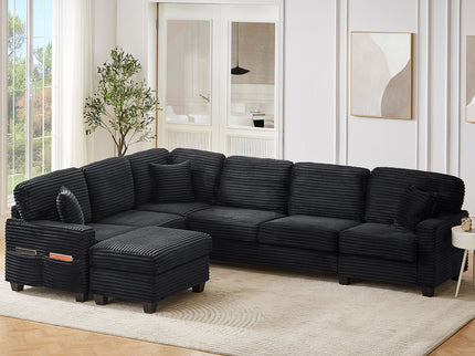 Upholstered U-Shaped Sectional Sofa With Movable Ottoman And Side Storage Pockets