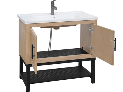 Modern Freestanding Bathroom Vanity With Ceramic Sink, Hot And Cold Faucet, Storage Cabinet & Open Shelf