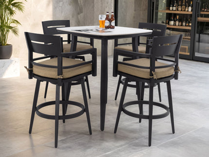 5 Pieces Outdoor Patio Bar Set, Rounded Square Sintered Stone Table & 4 Swivel Bar Chairs