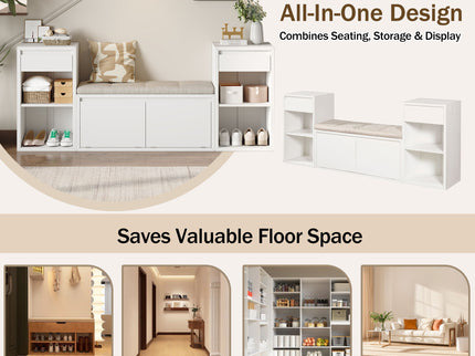 Entryway Storage Bench With Cushion, Drawers & Open Shelves