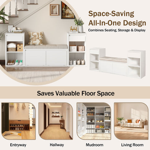 Entryway Storage Bench With Cushion, Drawers & Open Shelves