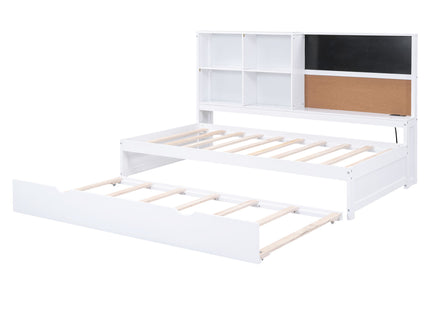 Twin Size Daybed With Storage Shelvesboard, Cork Board, USB Ports And Trundle - White