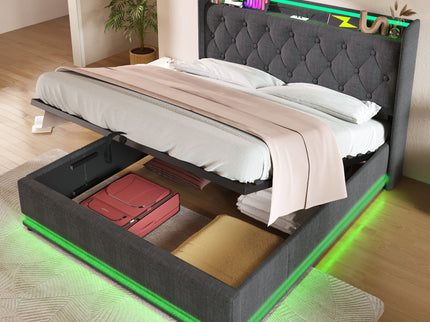 Upholstered Bed, 360 Surround LED Function, Remote Control, Hydraulic Storage Bed With USB, Type-C Charging (Without Mattress)