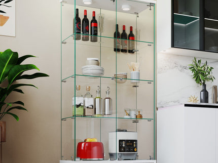 Glass Display Cabinet With LED Lights, Tempered Glass Doors, Large Drawers, 2 Door Storage Case With 4 Shelves - Natural / White