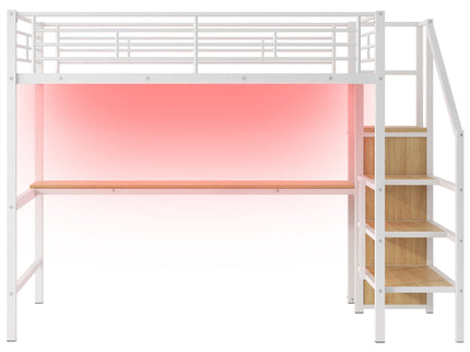 Loft Bed With Desk, Storage Staircase, Small Wardrobe And LED Light