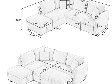 L-Shaped Sectional Pull Out Sofa Bed Sleeper Sofa With Two USB Ports, Two Power Sockets And A Movable Storage Ottoman