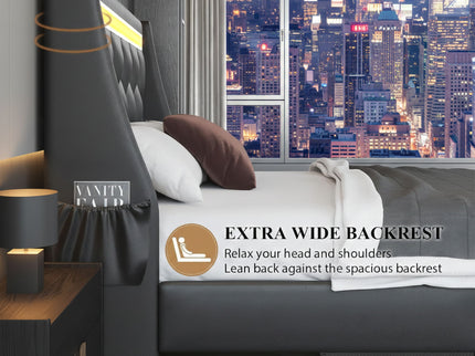 Wingback Upholstered Bed Frame With LED Lights, Charging Station