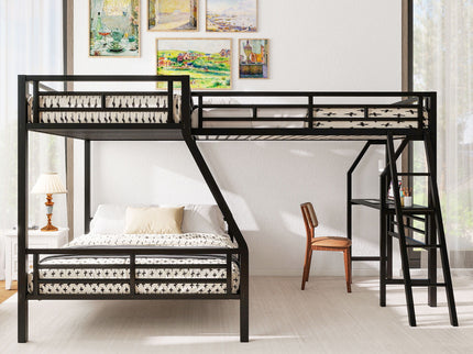 Twin Over Full Bunk Bed With Loft And Desk, L-Shaped Design For 3 Sleepers - Black