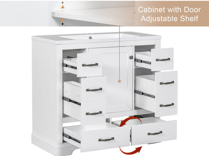 Modern Bathroom Vanity With Sink, 6 Drawers, Adjustable Shelf