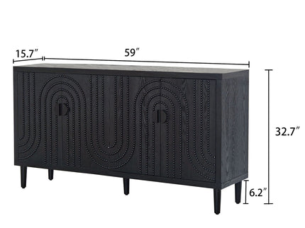 Modern Sideboard Cabinet With Decorative Nailhead Accents, Stylish Storage Solution For Dining, Living Rooms - Black