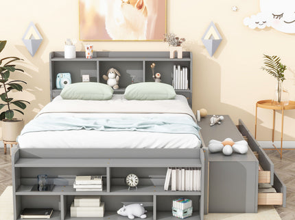Bed With Bookcase Headboard, Under Bed Storage Drawers And Bed End Storage Case