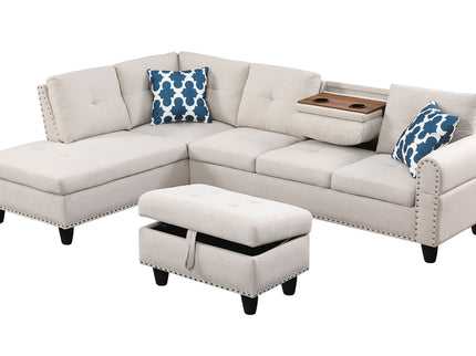 Alger - Wide Left Hand Facing Sofa & Chaise With Ottoman - Beige