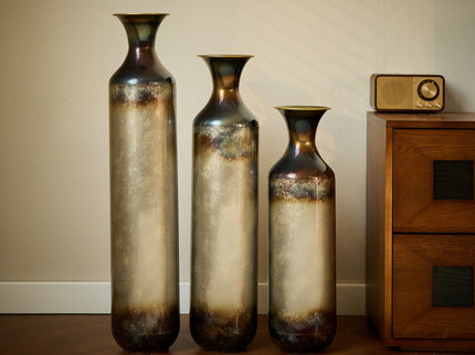 Modern Droplet Shaped Floor Vase Set, Glazed Metal Decorative Vases 3 Piece Home Accent For Living Room - Gold / White