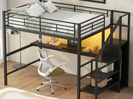Full Size Loft Bed With Desk, Storage Staircase, Small Wardrobe And LED Light - Black
