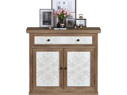 Accent Cabinet With Carved Floral Panels, Sideboard With Drawer And Double Doors - Antique Brown / White