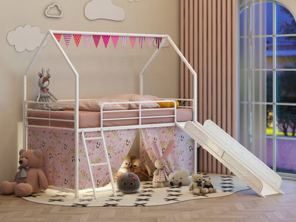 Jack - House Loft Bed With Slide And Curtain Set