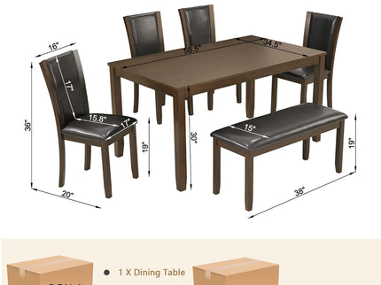 6 Piece Dining Table Set & Bench And Chairs For Dining Room - Dark Walnut
