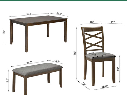Elegant 6 Piece Dining Table Set With 4 Chairs And Bench