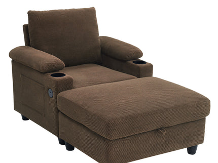 Accent Chair With Storage Ottoman, Reclining Single Chaise Lounge With Cupholders And USB, C Ports