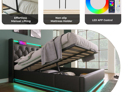 Upholstered Bed, 360 Surround LED Function, Remote Control, Hydraulic Storage Bed With USB, Type-C Charging (Without Mattress)