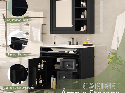 Bathroom Vanity With Top Sink, 2 Doors And 3 Drawers, Freestanding Set With Mirror Cabinet