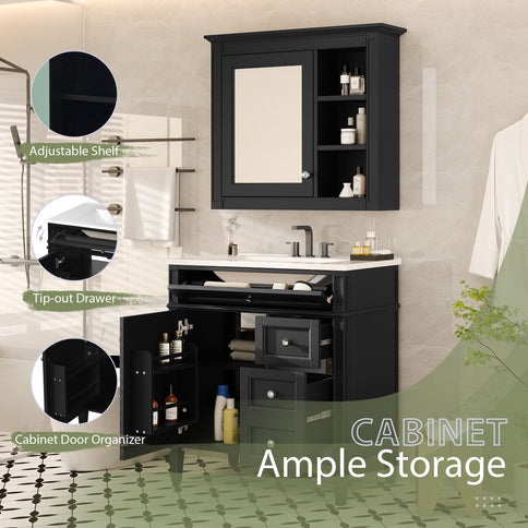 Bathroom Vanity With Top Sink, 2 Doors And 3 Drawers, Freestanding Set With Mirror Cabinet
