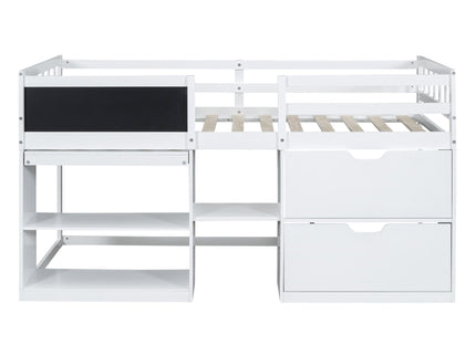 Low Loft Bed With Rolling Desk, Shelf And Drawers