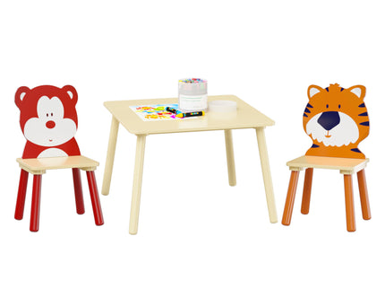 Table And 2 Chairs Set, Activity Play Table Set With Bear & Tiger Design - Natural