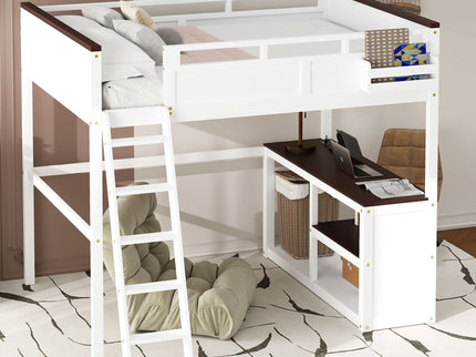 Queen Size Loft Bed With Desk, Open Shelf, Storage Box And USB Charging Station - White