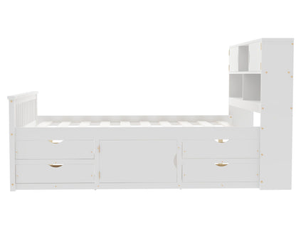Captain Platform Bed Frame With Bookcase Headboard, 4 Drawers, Storage Shelves