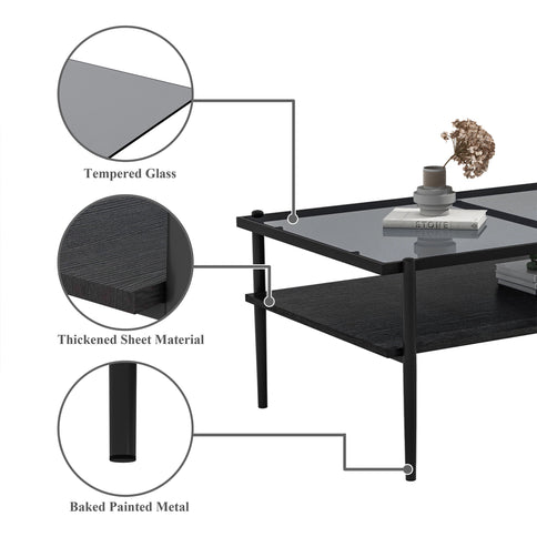 Rectangle Coffee Table With Tempered Glass Top And Legs, Modern Table For Living Room