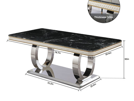 Luxury Modern Dining Table With Faux Marble Top And Dual Circle Base - Black