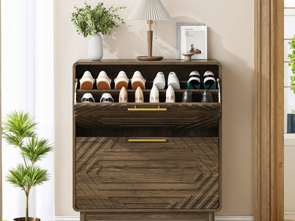 Freestanding Shoe Cabinet With 2 Flip Top Drawers For Entryway - Walnut