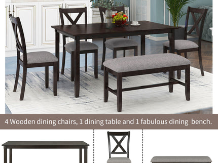 6 Piece Rectangular Dining Table Set With 4 Chairs And Bench