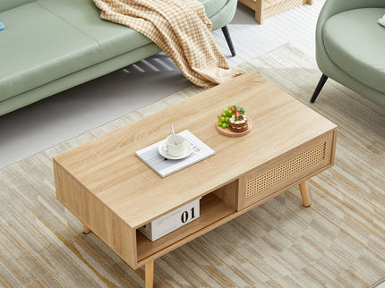 41.34" Rattan Coffee Table, Sliding Door For Storage, Solid Wood Legs, Modern Table For Living Room