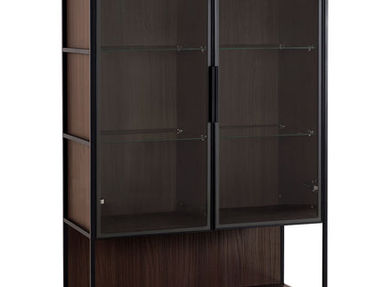 Modern Minimalist Tall Lighted Display Cabinet With Tempered Glass Door - Black / Dark Walnut