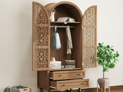 Tall Kitchen Pantry Cabinet With Hollow Carved Doors 2 Drawers And Adjustable Shelves Storage Display Cabinet For Kitchen Dining Room Or Living Room - Walnut