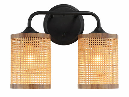 Quell - Double Light Vanity With Natural Shade Wall Lamp - Black / Rattan