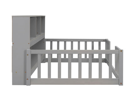 Floor Bed With Bedside Bookcase, Shelves, Guardrails