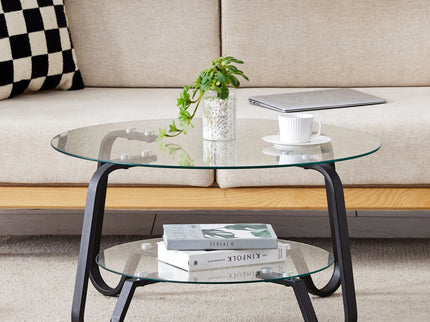 Retro Minimalist Style Metal Frame Double Layer Tempered Glass Coffee Table