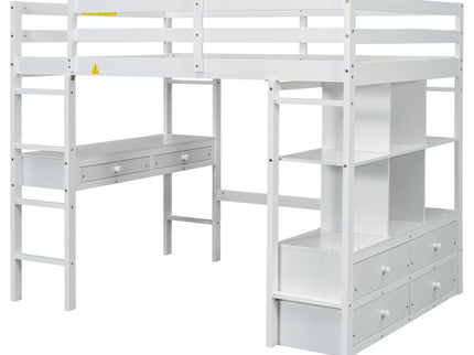 Full Size Loft Bed With Built In Desk, 2 Drawers, Storage Shelves - White