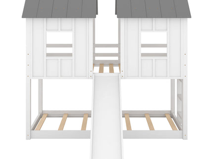 Twin Over Twin House Bunk Bed With Slide And Windows - White / Gray