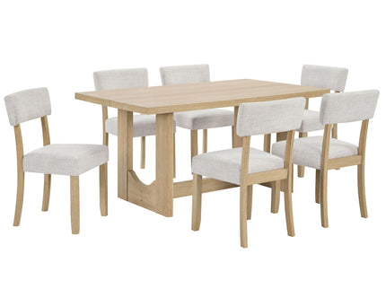 7 Piece Dining Table Set For 6, Rectangular Table With 6 Upholstered Chairs, Sturdy U - Shaped Base For Dining Room - Light Oak