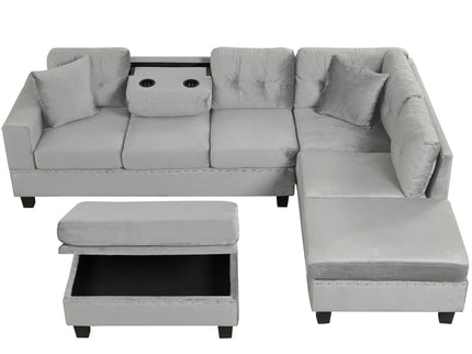 Modern Sectional Sofa With Storage Ottoman, L - Shape Couch With 2 Pillows And Cup Holders