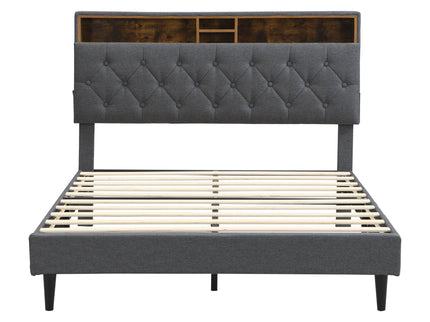 Modern Upholstered Platform Bed Frame With Button Tufted Headboard And USB Ports