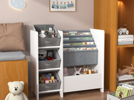 Bookshelf And Toy Storage Organizer, Multifunctional 4 Tier With 3 Collapsible Drawers - White