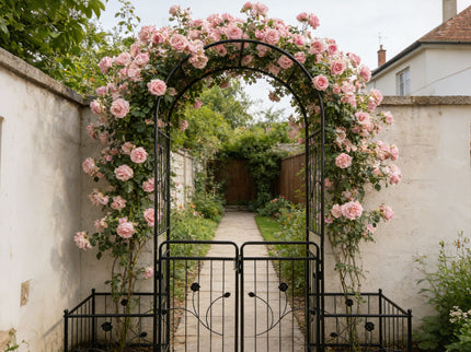 Metal Garden Arch With Gate Wide High Climbing Plants Support Rose Arch Outdoor - Black