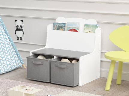 Bookshelf With Storage Bins, Bookcase With Book Display Shelf And 2 Bins, Cute Bear Shaped Backboard, Toy Organizer - White