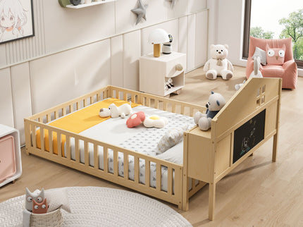 Full Size Montessori Floor Bed With Bookcases And boards, Solid Wood Platform Bed With Guard Rails And Storage Headboards - Natural