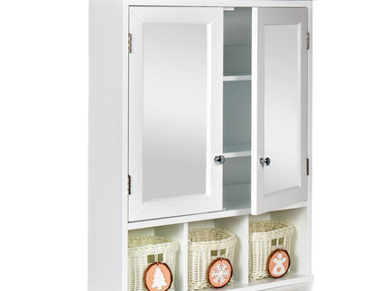 Bathroom Storage Cabinet, Medicine Cabinets For Bathroom With Mirror, 2 Doors 2 Adjustable Shelf & 3 Christmas Style Storage Basket - White
